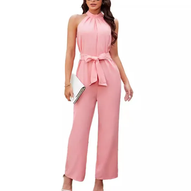 Summer Sleeveless Halter Lace Up Casual Jumpsuit Pink - Shop at LoveMi