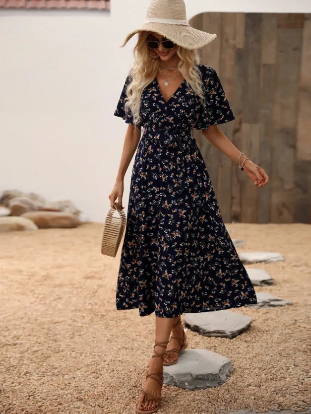 Mid length V neck Small Floral Tie neck Ruffled Dress Black - Shop at LoveMi