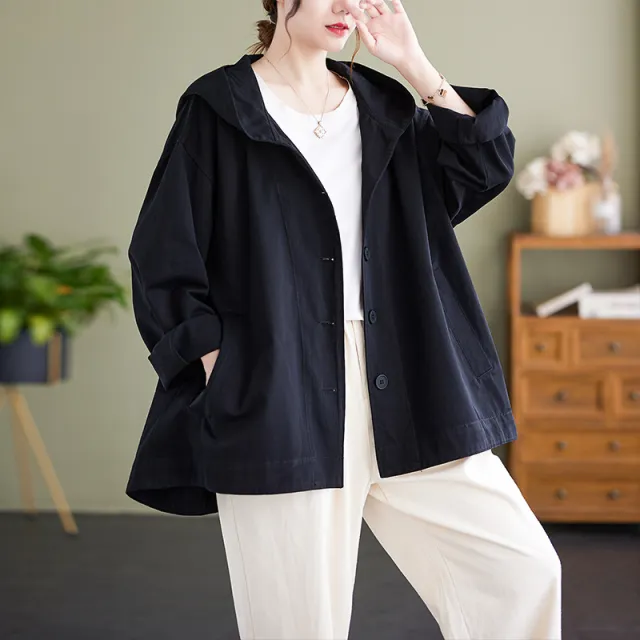 Hooded Loose Coat Women Retro Khaki Casual Cotton Artistic Stitching Women Black - Shop at LoveMi