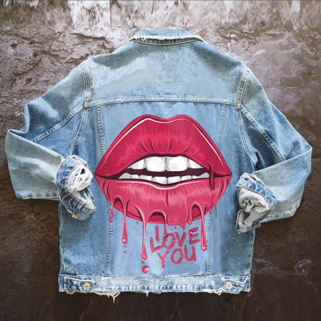 European And American Big Lips Fashion Casual Young Denim Coat Light Blue - Shop at LoveMi