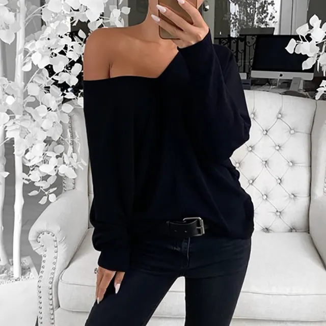 V neck Lapsed Sleeves Loose Long sleeved Top T shirt For Women Black - Shop at LoveMi
