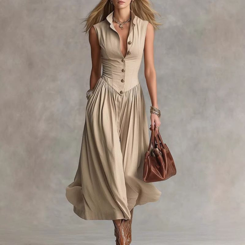 Elegant, Sophisticated Long Sleeveless Dress With A Lapel Collar