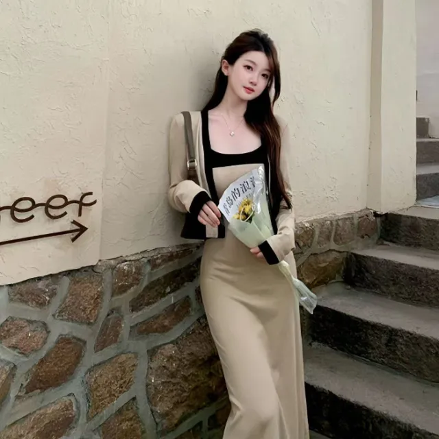Autumn French style Chic Color Block Slip Dress Set Picture Color Xl - Shop at LoveMi