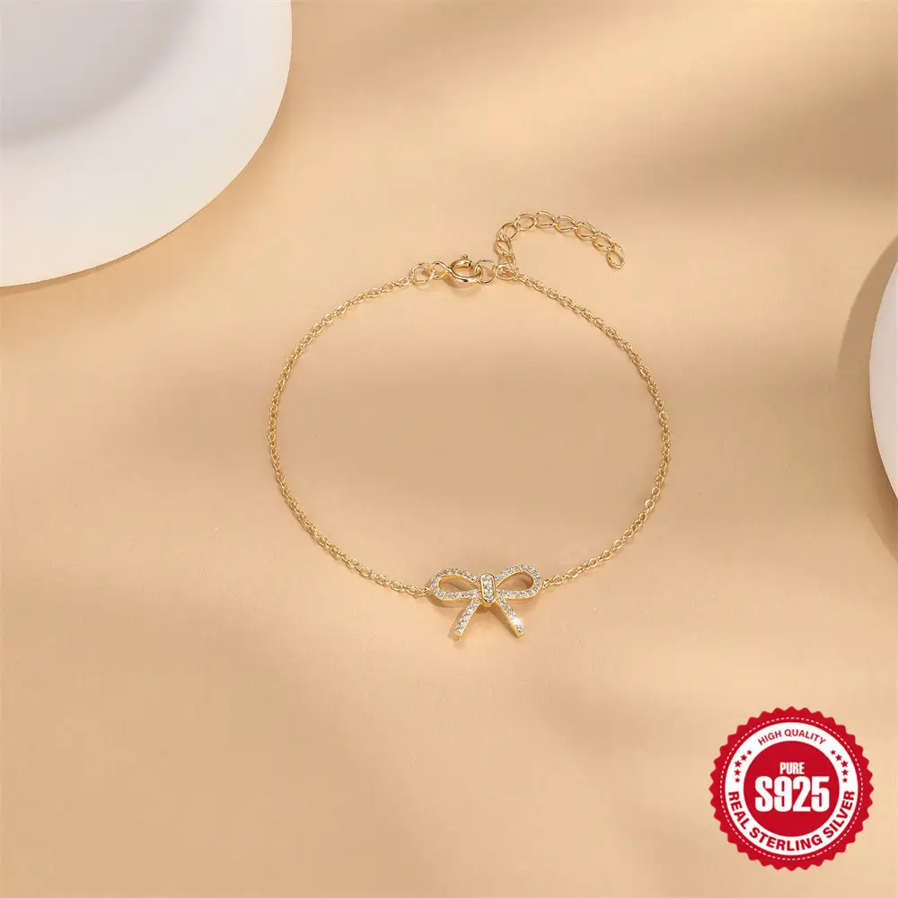 New 925 Sterling Silver Zircon Bow Bracelet