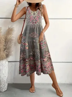 Summer Floral Print Dress Women's Elegant Temperament - Red - View 1
