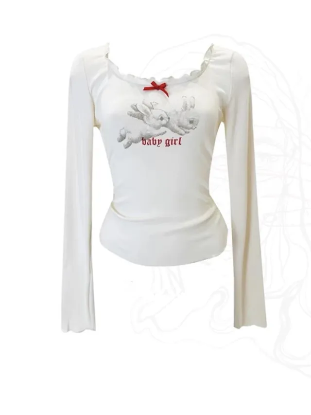 Bow Rabbit Print Short Top Women's Fungus Long Sleeve T shirt Beige - Shop at LoveMi