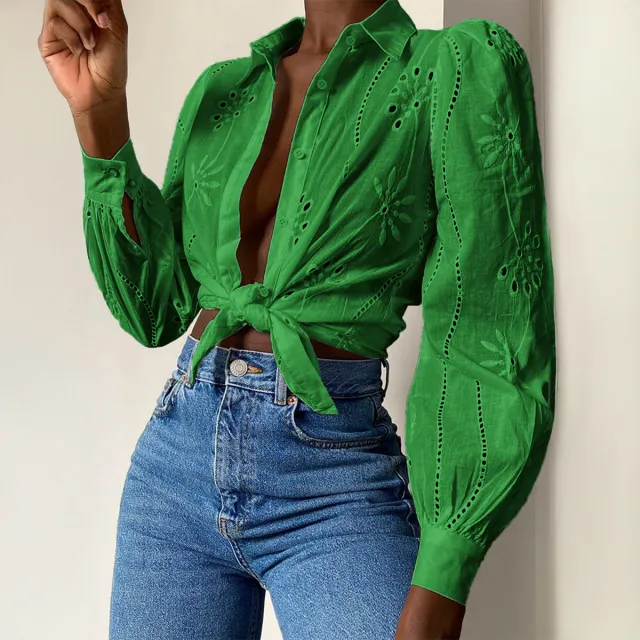 Casual Resort Fashion Hollow out Long sleeve Cardigan Blouse Green - Shop at LoveMi