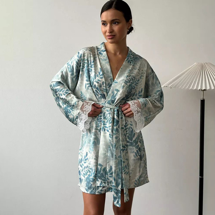 Printed Long-sleeve Lace Nightgownbathrobe Loungewear