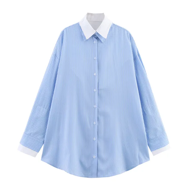 Spring And Summer Poplin Stitching Stripe Long Sleeves Shirt Picture Color S - Shop at LoveMi