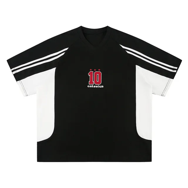American Retro Mixed Color Stripe Sports Embroidery Short Sleeve Black - Shop at LoveMi