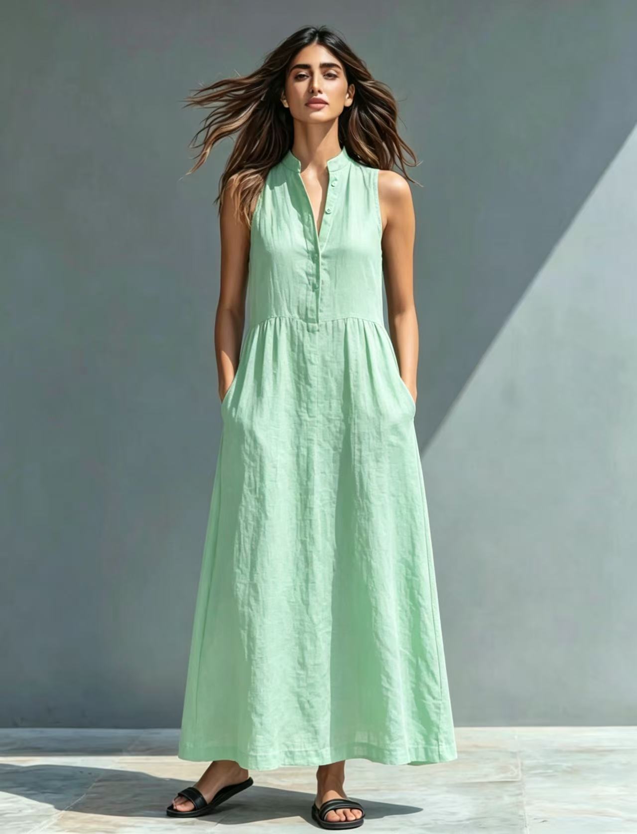 Women's Stand-Collar A-Line Maxi Dress in Green – flowy summer vacation dress