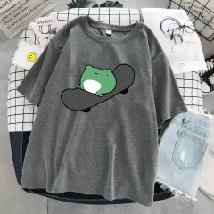 Frog Simple Cute Women's Clothing Round Neck T-shirt Women's Summer Short Sleeve Loose Slimming Top - Grey - View 1