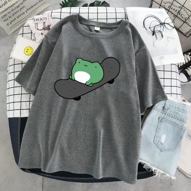 Frog Simple Cute Women's Clothing Round Neck T shirt Women's Summer Short Sleeve Loose Slimming Top Gray - Shop at LoveMi