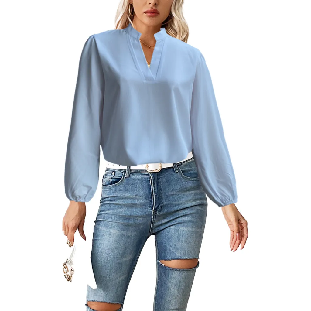 Stand Collar Bubble Long Sleeve Loose Shirt - Blue