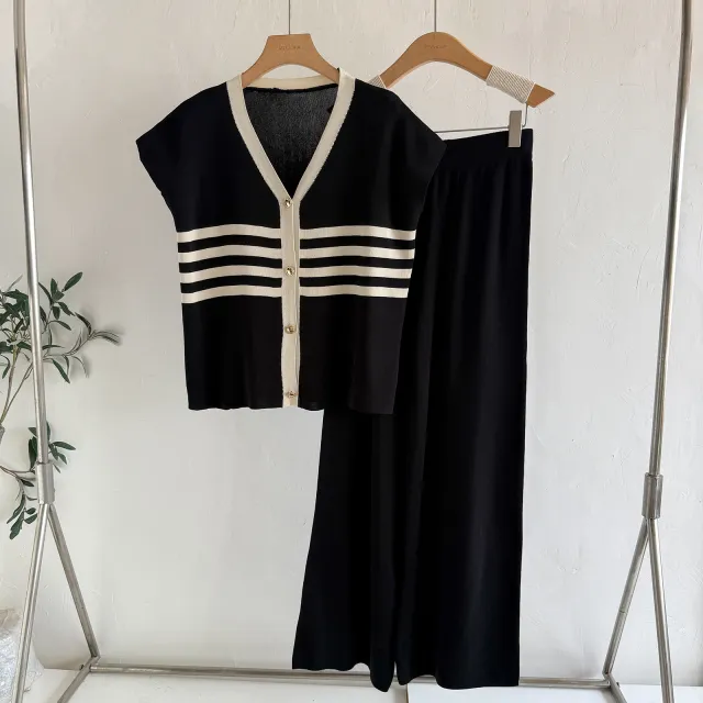 Korean style Wide leg Pants Set Casual, Laid back Knit Two piece For Women Black - Shop at LoveMi