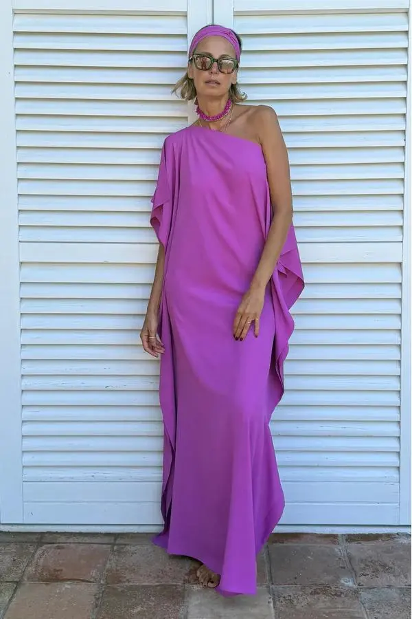 Pure Color Flowing Asymmetric Robe With Belt Dress Purple - Shop at LoveMi