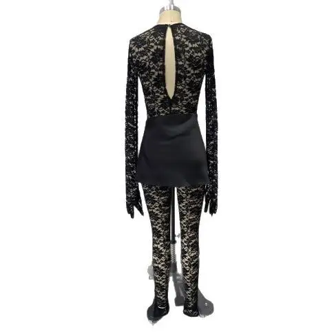 Sexy Cutout See-through Round Neck Long Sleeve Lace Tight Apron One-piece Suit