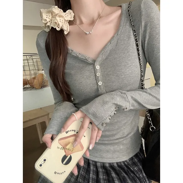 Pure Desire Buttoned Bottoming Shirt Women's Inner Wear Spring Gray - Shop at LoveMi