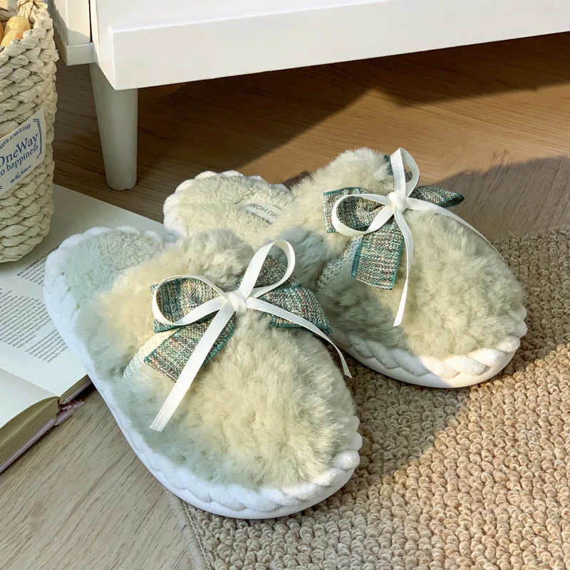 Autumn And Winter New Bow Tie Cotton Slippers Ladies Outside The Girl Heart Warm Plush Indoor Home Monthly Shoes Cotton Slippers - Green