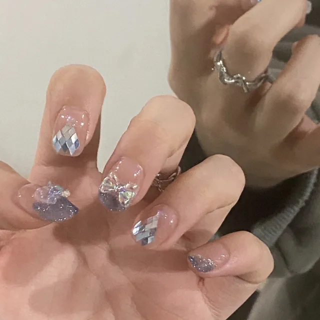 Star Sea Nail Bow Gentle Sweet Cute Detachable Short Square Circle - Shop at LoveMi