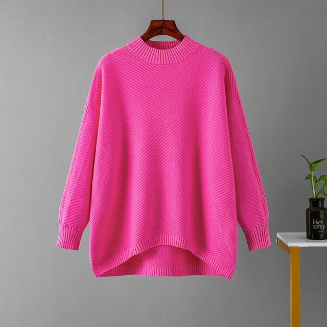 Retro Loose Oversized Long Sleeves Top Solid Color Pullover Sweater Rose Red - Shop at LoveMi