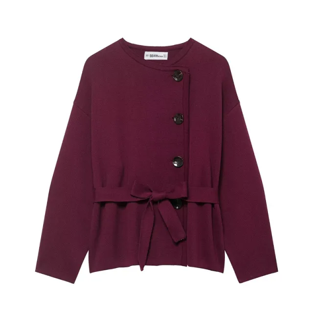 Women's Belted Knit Short Coat Wine Red - Shop at LoveMi