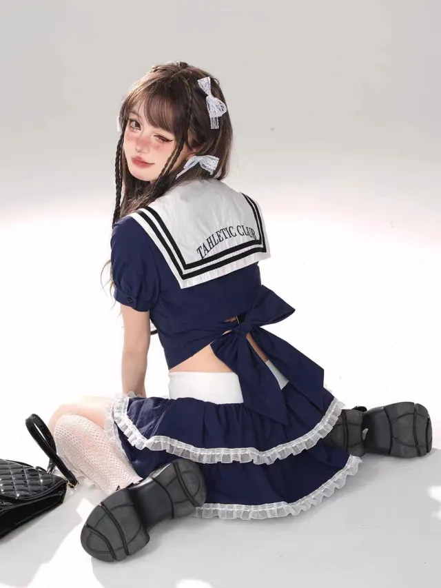 Sweet Sailor Suit Suit Women's White Slimming Top Skirt Picture Color Suit - Shop at LoveMi