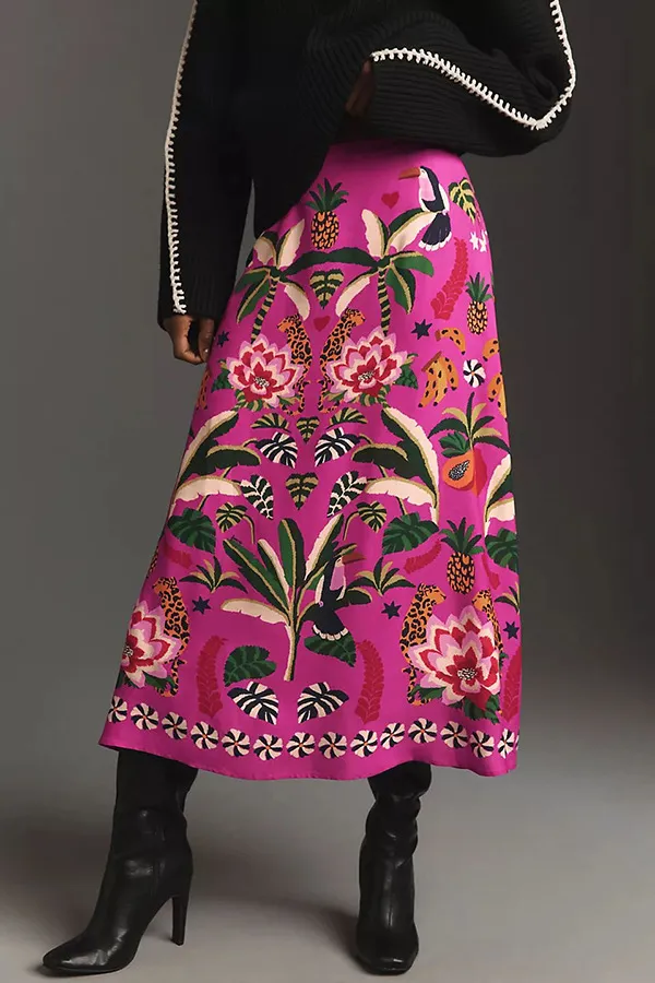Street Tropical Plant Vintage Print Skirt For Women Red - Shop at LoveMi