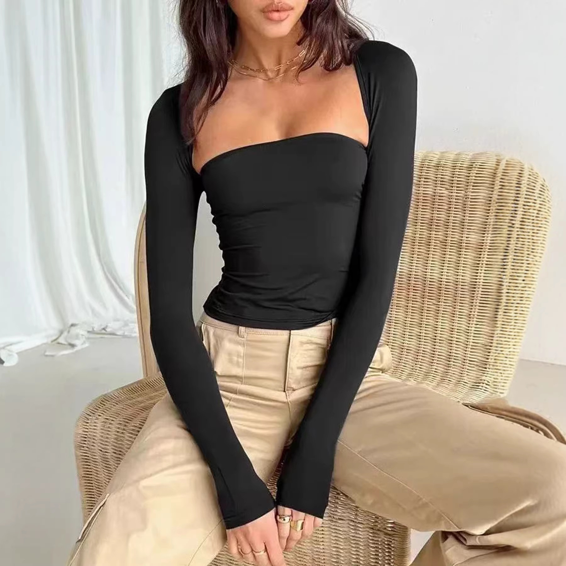 Womens Autumn Winter Slim-fit Square-neck Long-sleeve Designer Mock Two-piece Top