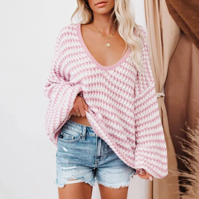 Women's Fashion Casual Wave Striped Puff Sleeve Loose Sweater Pink - Shop at LoveMi