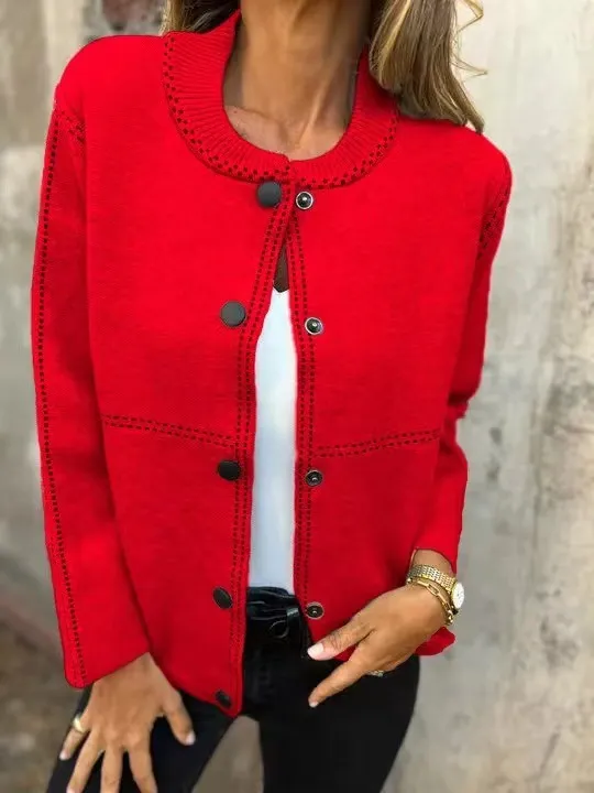 Ins Black striped Button Cardigan Fashion Sweater Loose Round Neck Long Sleeve Cropped Tops Women's Clothing Red - Shop at LoveMi