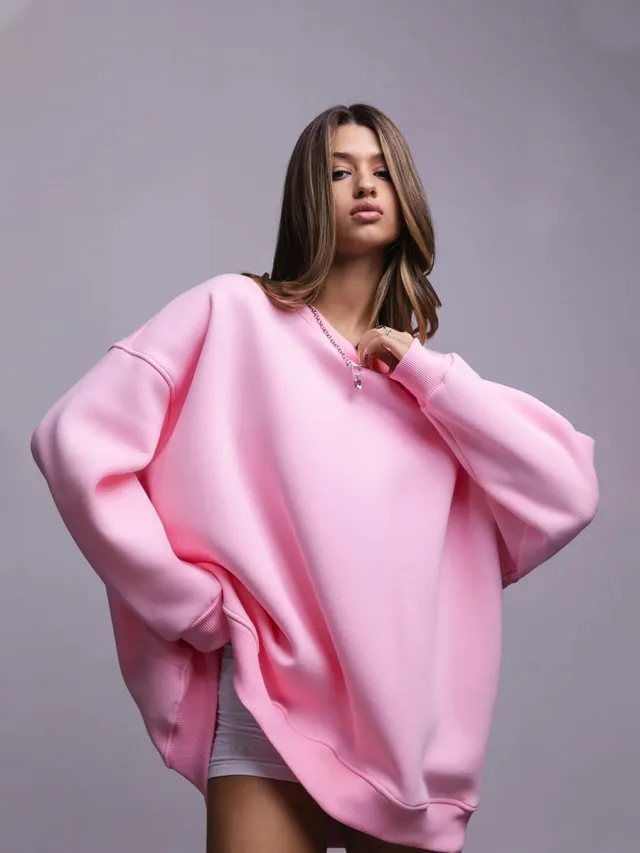 New Women's Polar Fleece Brushed Hoody Casual Round Neck Sweater Pink - Shop at LoveMi