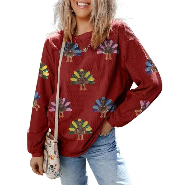 Women's Fashion Print Loose Long Sleeve Sweater Red Turkey - Shop at LoveMi
