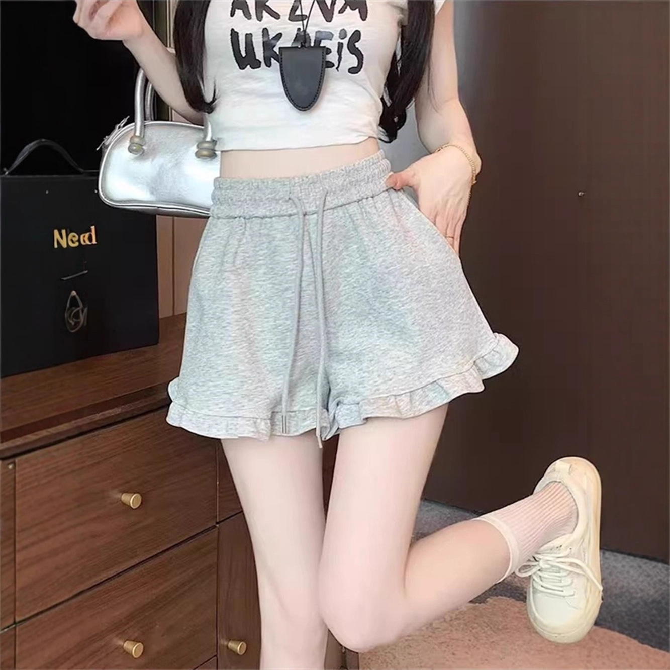 Wood Ear Patterned High Waisted Casual Wide Leg Hot Pants