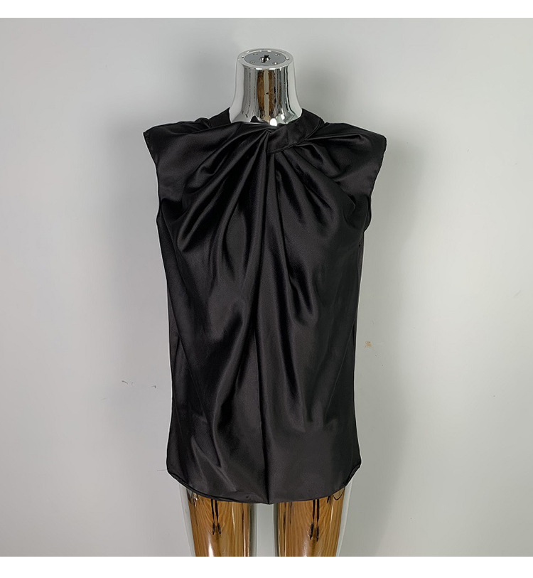 Twist Pleated Single-Breasted Sleeveless Shirt – Black
