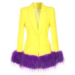 Women's Autumn And Winter Detachable Feather Fashion Tops Coat - Yellow - View 1