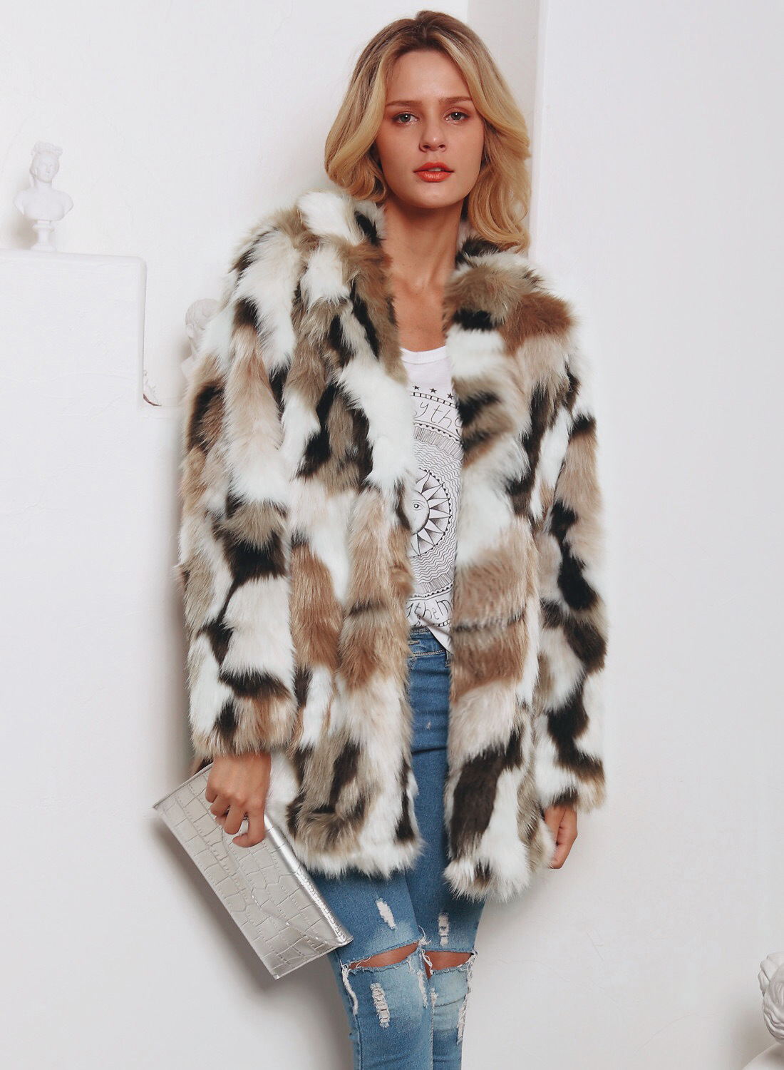 European And American Fashion Tailored Suit Collar Mixed Color Faux Fur Coat 16 European And American Fashion Tailored Suit Collar Mixed Color Faux Fur Coat