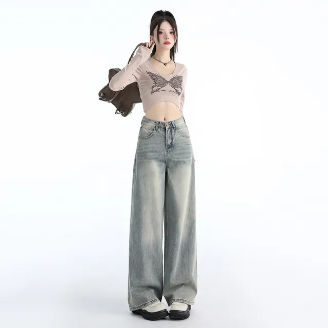 Jeans Washed Loose Drooping Draggle tail Straight Trousers Blue - Shop at LoveMi