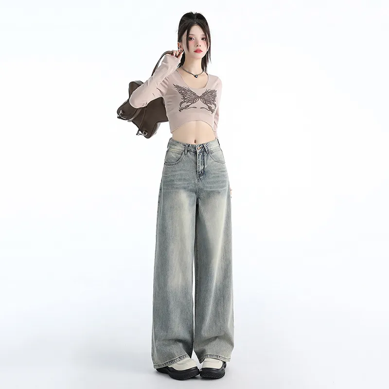 Jeans Washed Loose Drooping Draggle-tail Straight Trousers - Blue