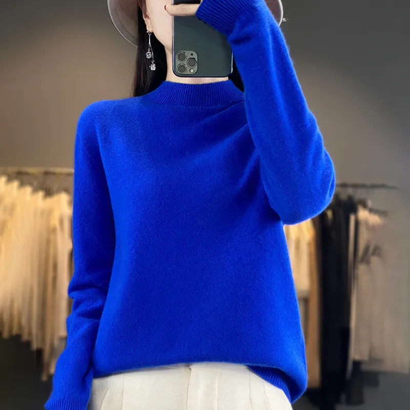 Turtleneck Pullover Women's Solid Color Loose Bottoming Sweater - Sapphire Blue