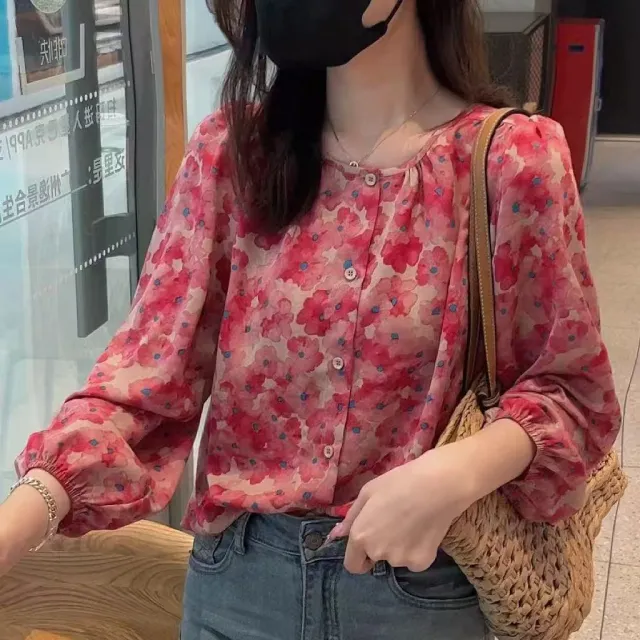 Floral Shirt Chiffon Blouses For Women Red - Shop at LoveMi