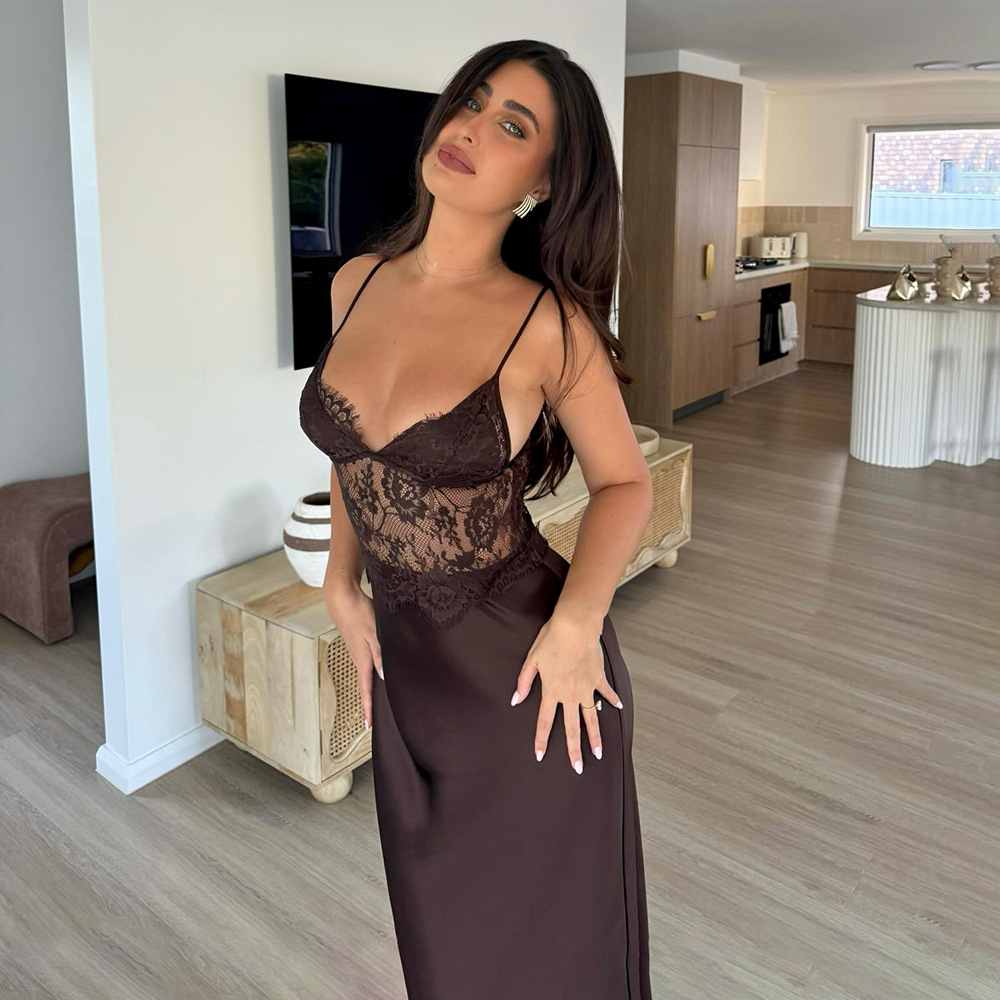 Lace-Panel Sheer Backless Deep V-Neck Slip Dress