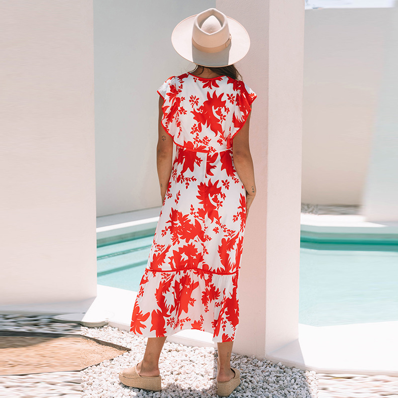 European And American Fashion Flower Printed V-neck Dress Women