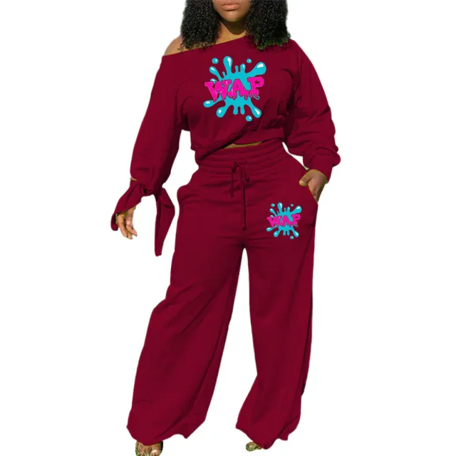 Casual Solid Color Printing Long sleeved Knotted Wide leg Pants Two piece Suit Red - Shop at LoveMi