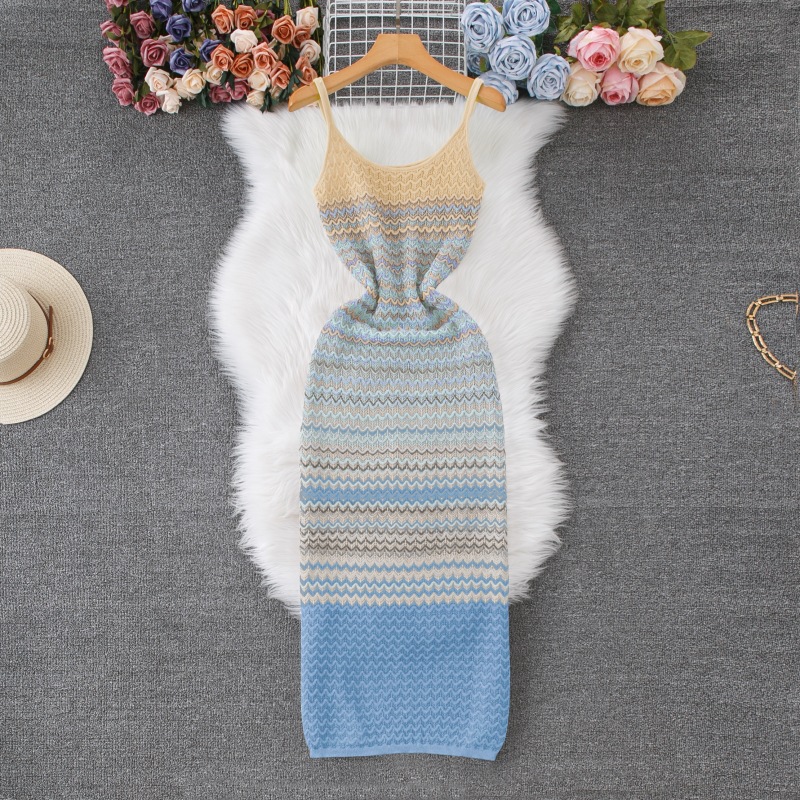 French style Vintage Ombre Striped Sleeveless Slip Knit Dress Blue - Shop at LoveMi