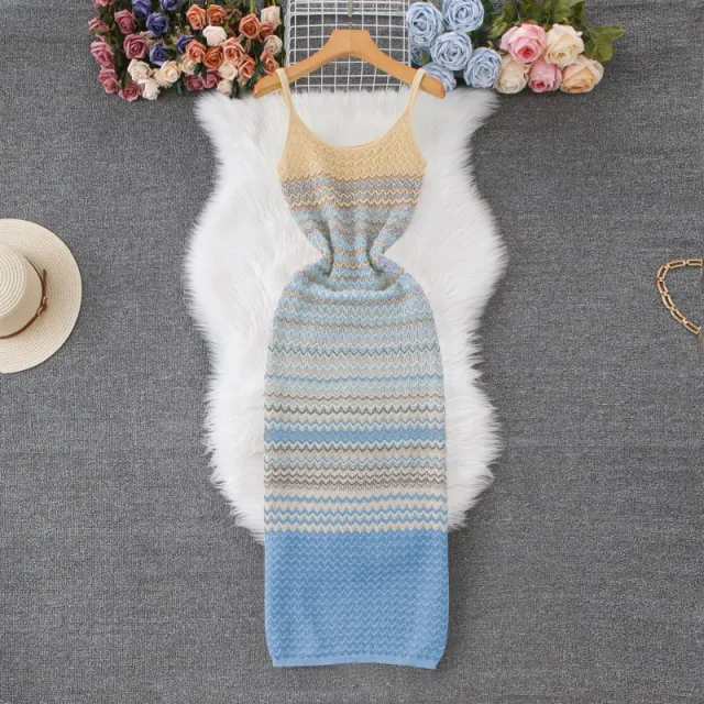French style Vintage Ombre Striped Sleeveless Slip Knit Dress Blue - Shop at LoveMi