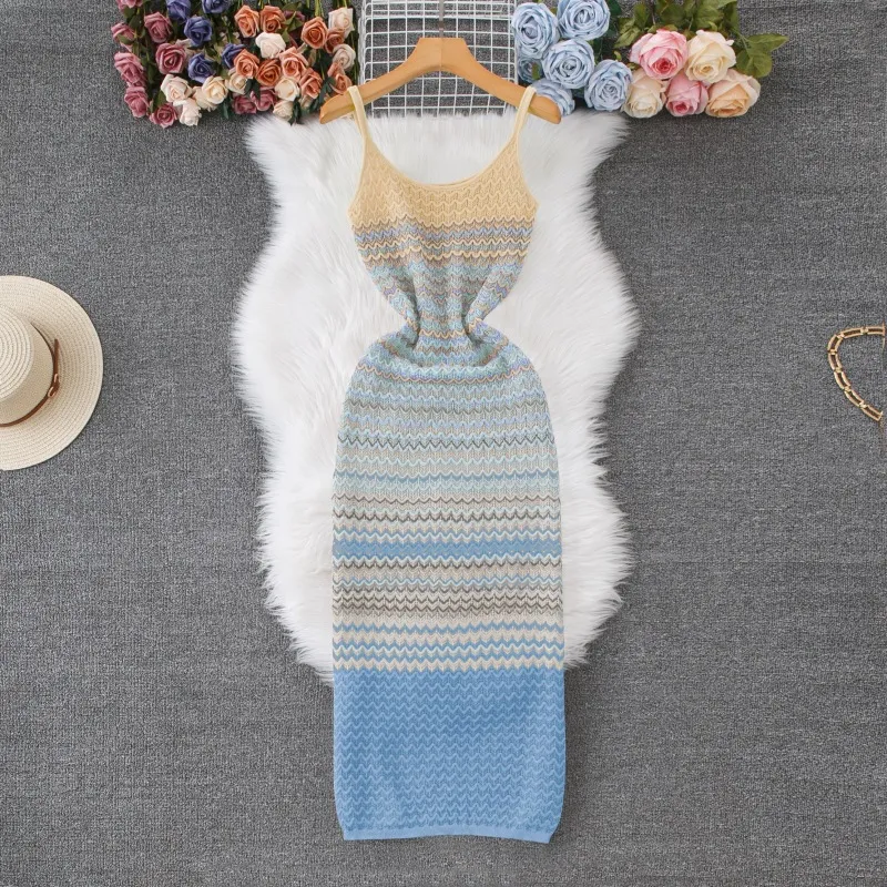 French-style Vintage Ombre Striped Sleeveless Slip Knit Dress - Blue