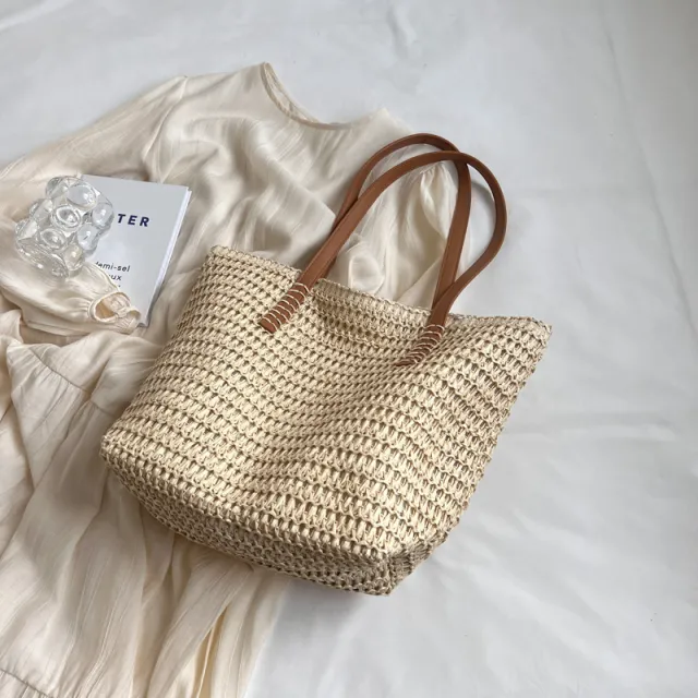 Straw Bag Fashionable All match Travel Large Capacity Beige - Shop at LoveMi