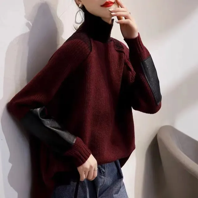 Women's Autumn And Winter Casual Loose High Neck Sweater Wine Red - Shop at LoveMi