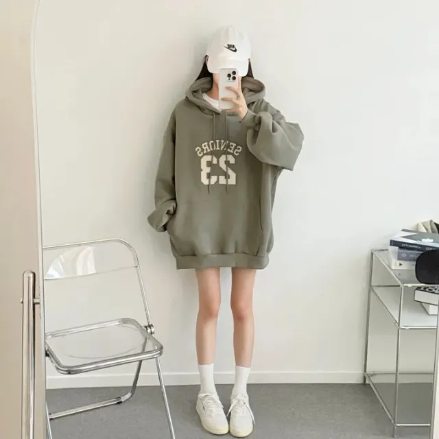 Hooded Embroidery Autumn And Winter Thin Velvet Padded Loose Lazy Style Sweatshirt 71030 Green With Fleece Lining - Shop at LoveMi